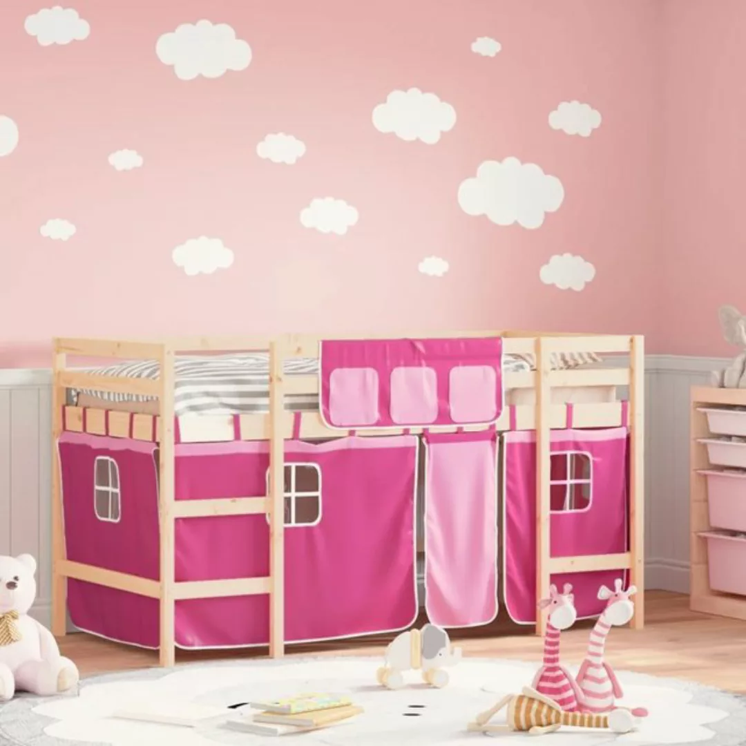 vidaXL Kinderbett Kinderhochbett mit Vorhängen Rosa 90x190 cm Massivholz Ki günstig online kaufen