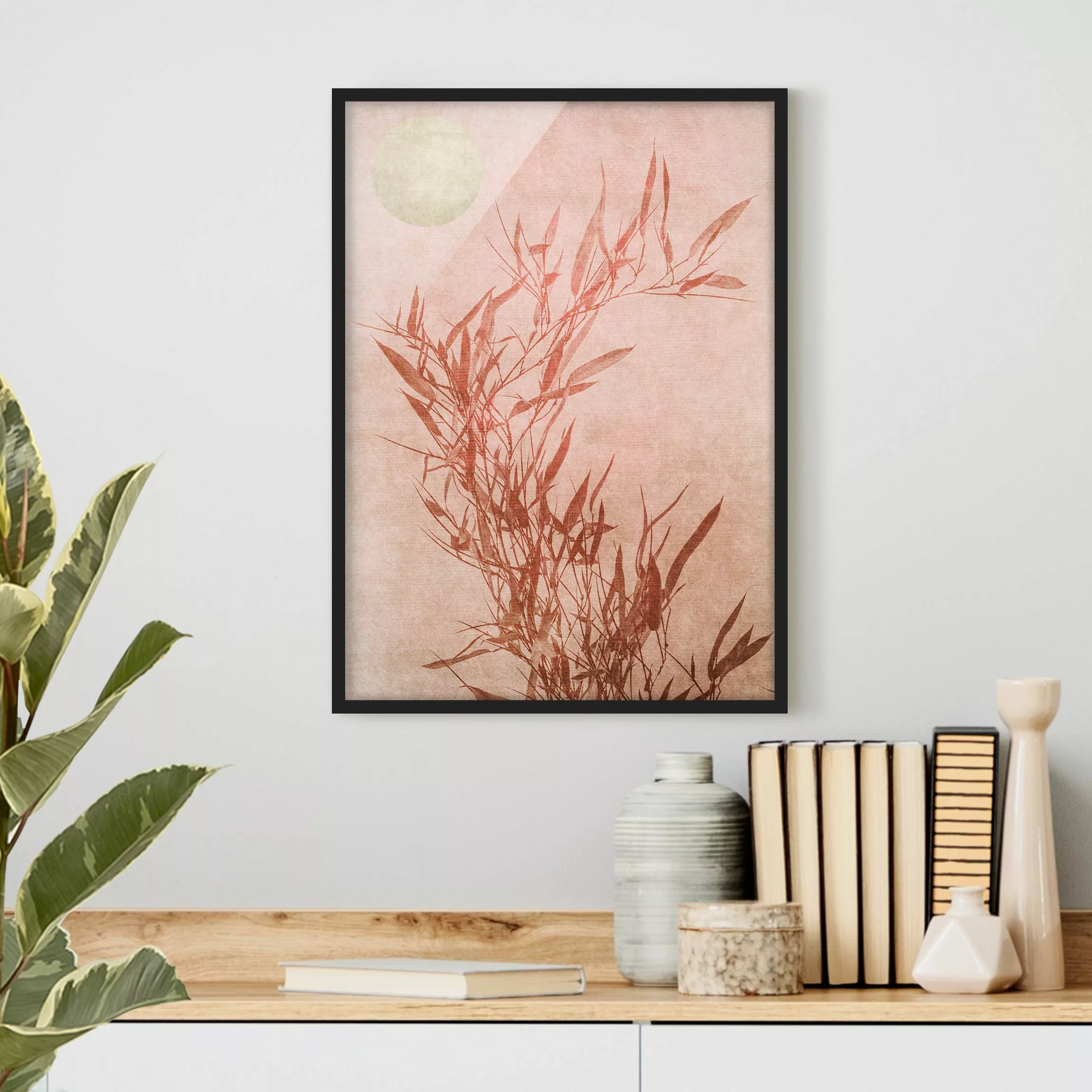 Bild mit Rahmen Goldene Sonne mit Rosa Bambus günstig online kaufen
