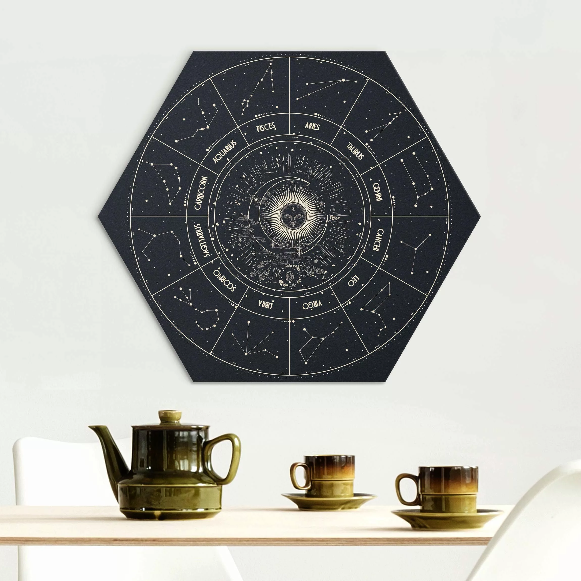 Hexagon-Alu-Dibond Bild Astrologie Die 12 Sternzeichen Blau Gold günstig online kaufen