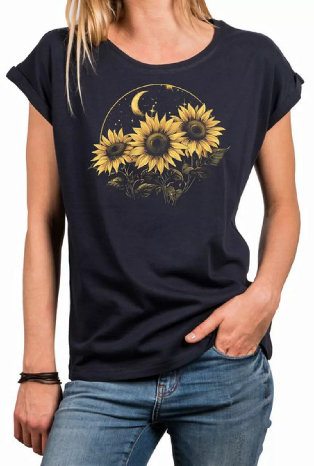 MAKAYA Kurzarmshirt Damen Blumenprint Sonnenblumen Mond Sterne Flower Power günstig online kaufen