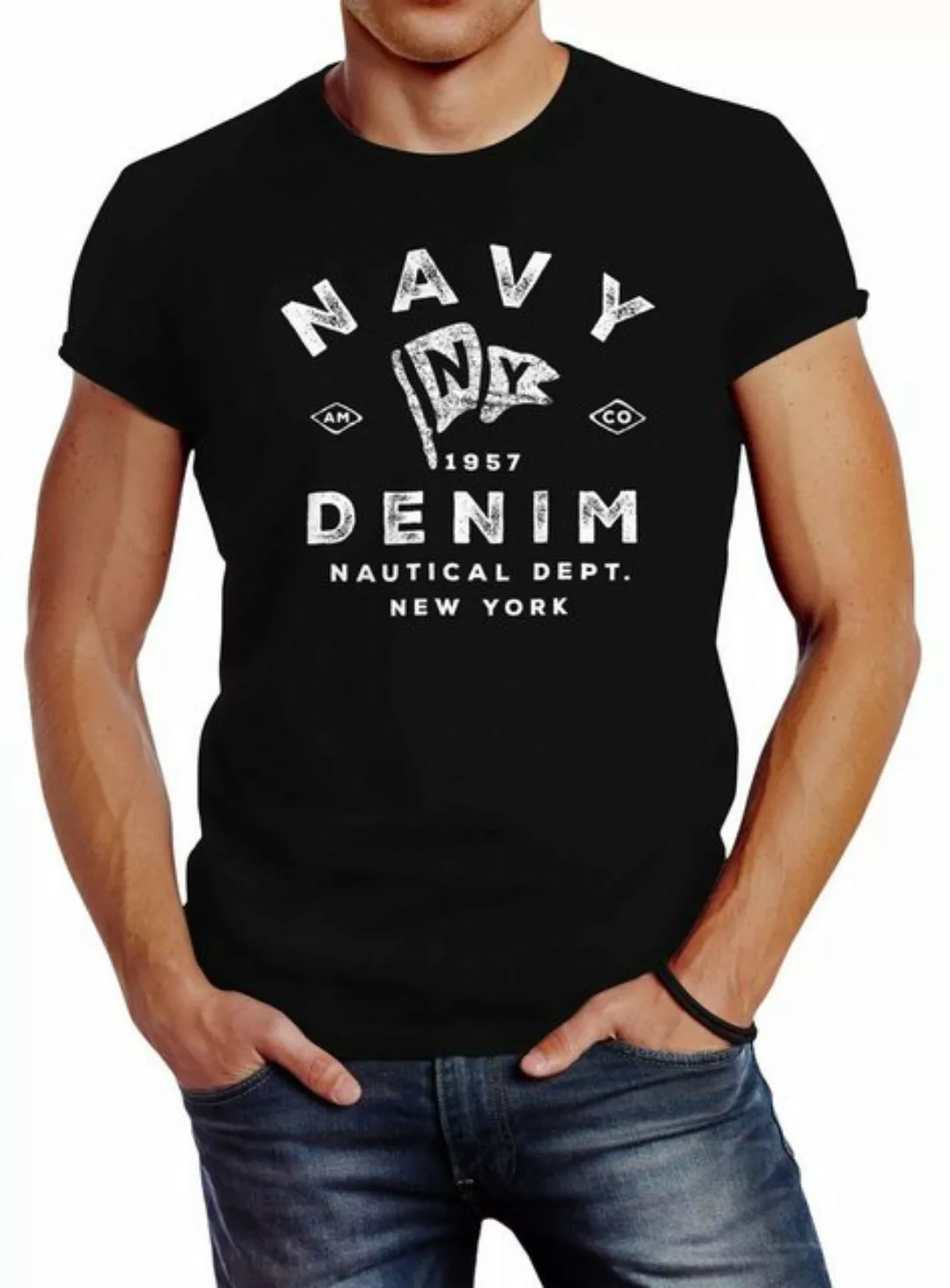 Neverless Print-Shirt Herren T-Shirt Vintage Motiv Schriftzug Navy Denim Na günstig online kaufen