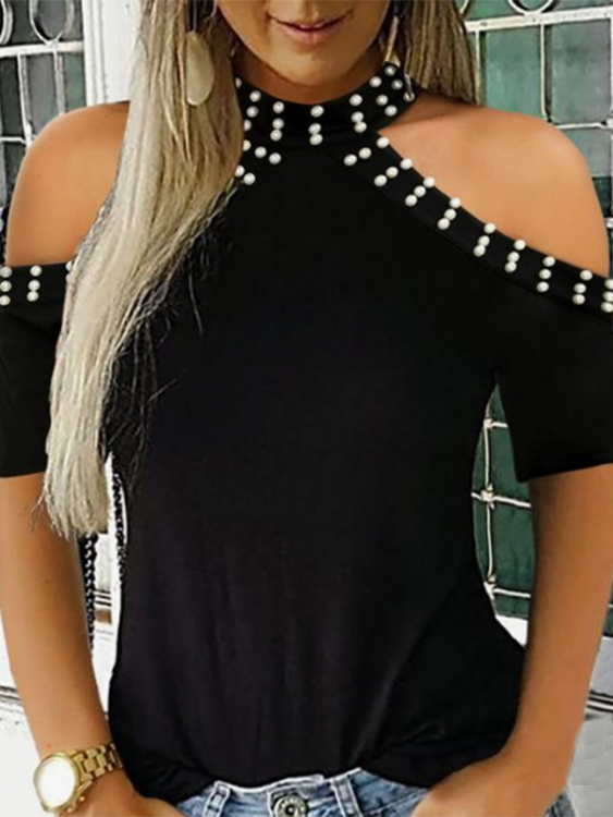 YOINS Black Handmade Perlen Details Cold Shoulder Tee günstig online kaufen