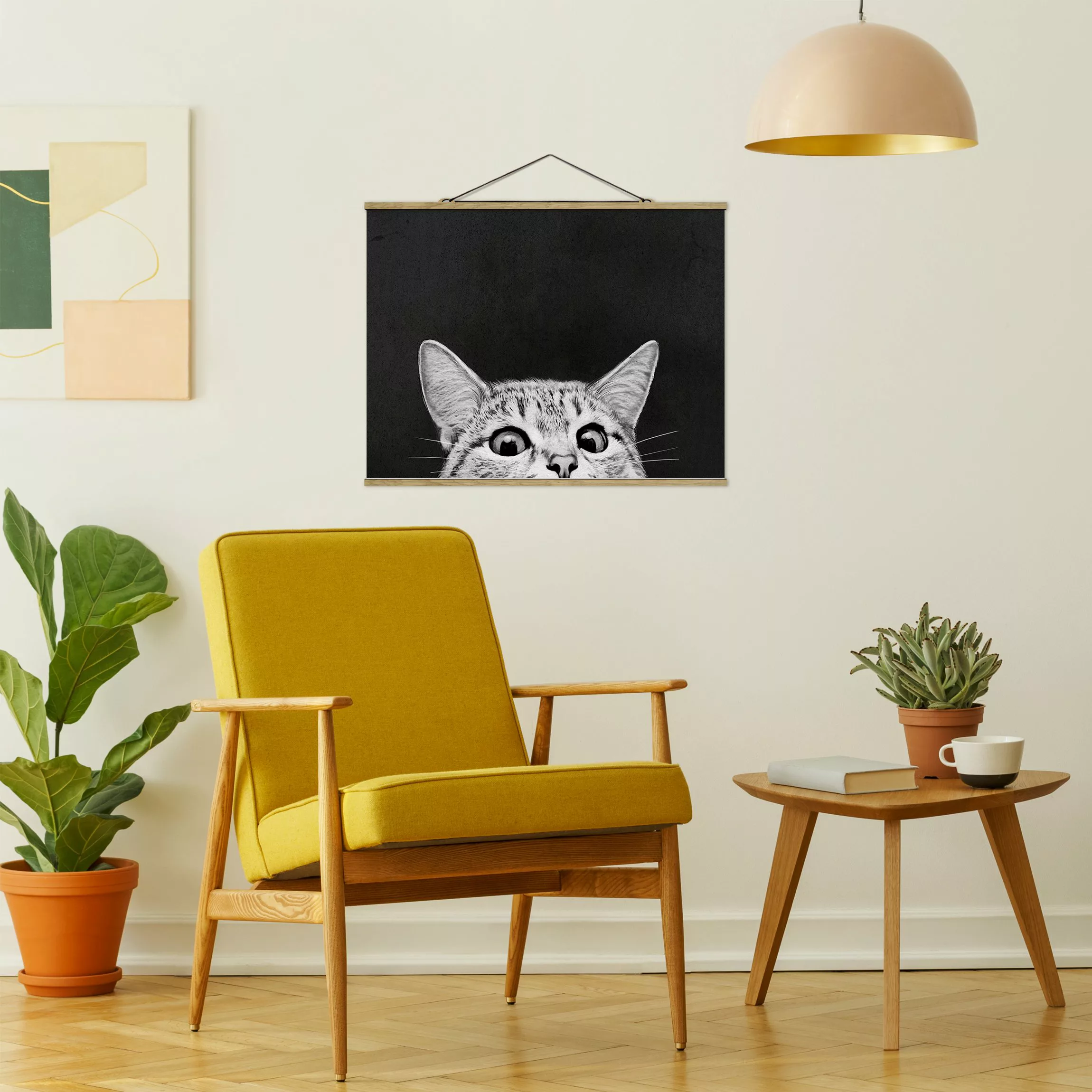 Stoffbild Tiere mit Posterleisten - Querformat Illustration Katze Schwarz W günstig online kaufen