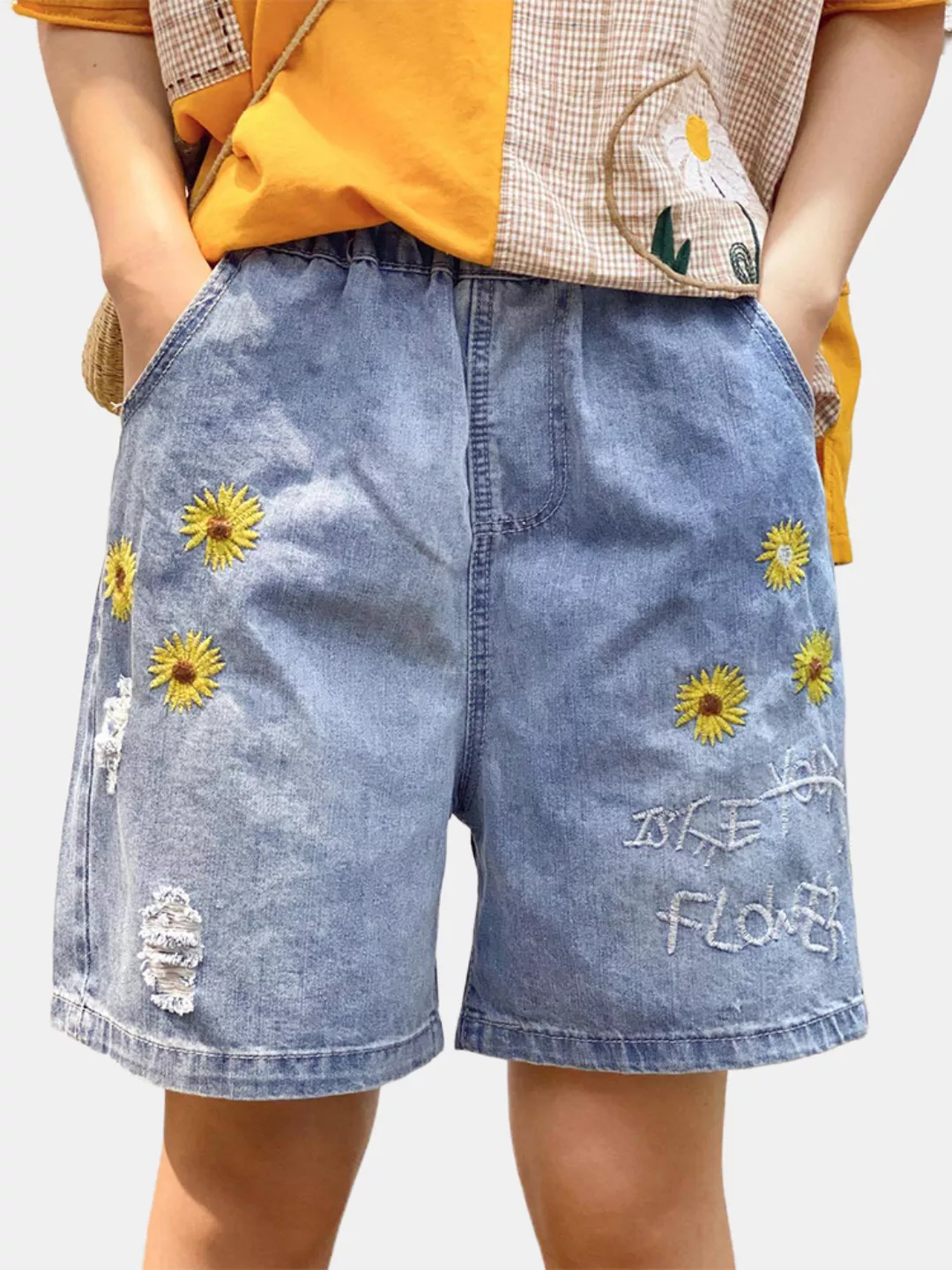 Floral Letters Stickerei Elastic Waist Denim Shorts günstig online kaufen