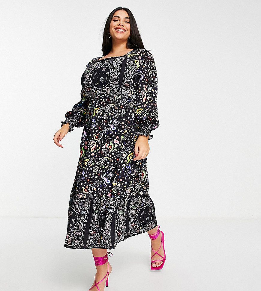 Never Fully Dressed Plus – Dolly – Gemustertes Kleid in Schwarz günstig online kaufen