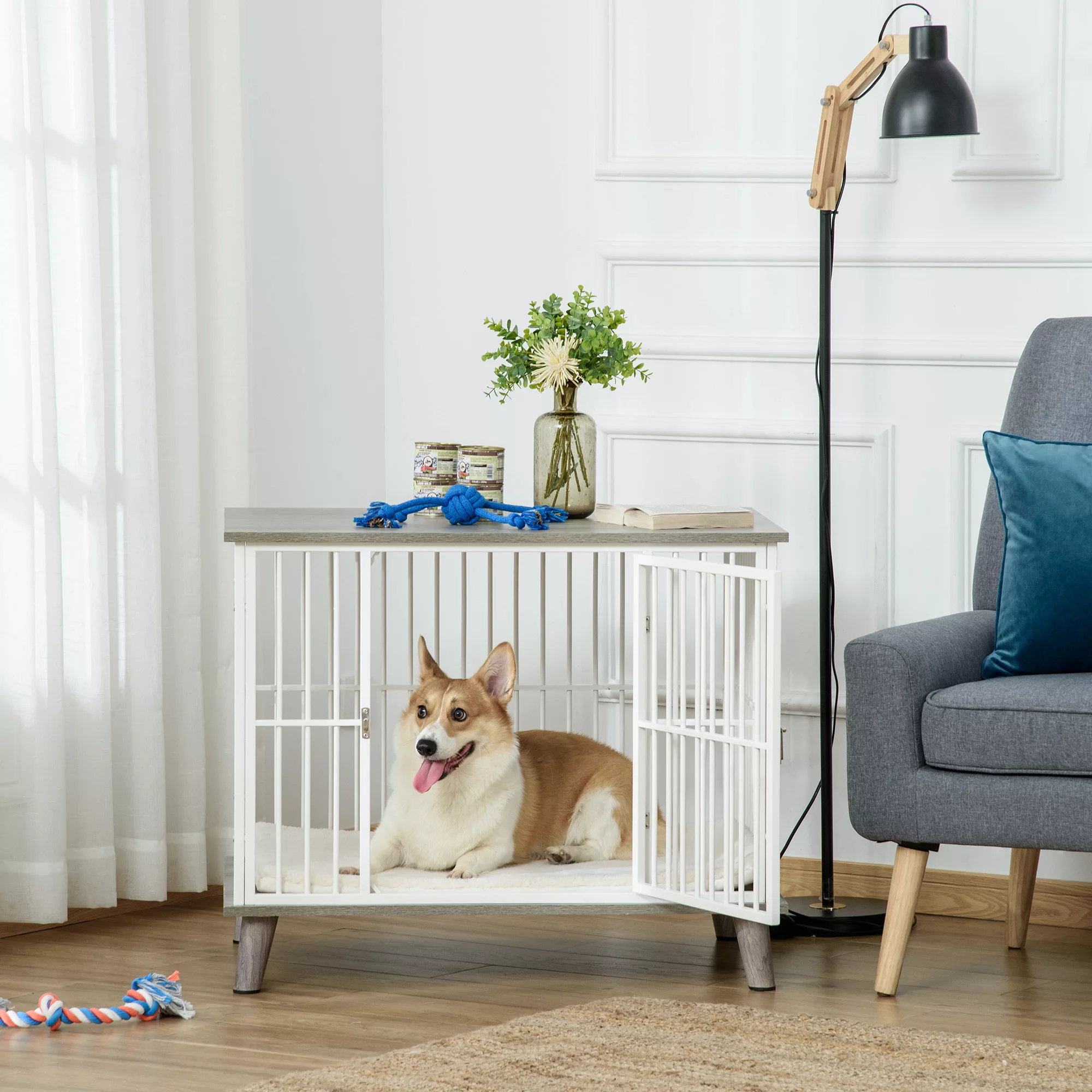 PawHut Hundekäfig aus Holz mit Kissen Tischoberfläche erhöhtes Design Hunde günstig online kaufen