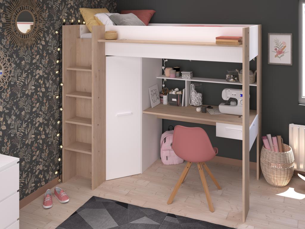 Hochbett mit Schreibtisch & Kleiderschrank + Matratze - 90 x 200 cm - Weiß günstig online kaufen