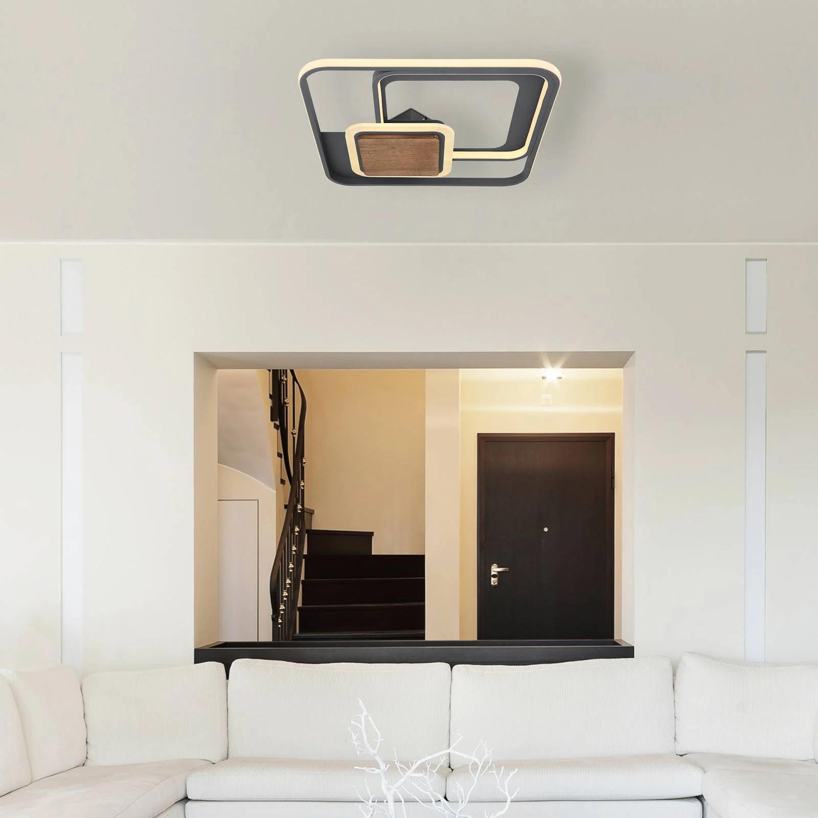 LED-Deckenleuchte Nirra mit Holzplatte, 3fl, eckig günstig online kaufen