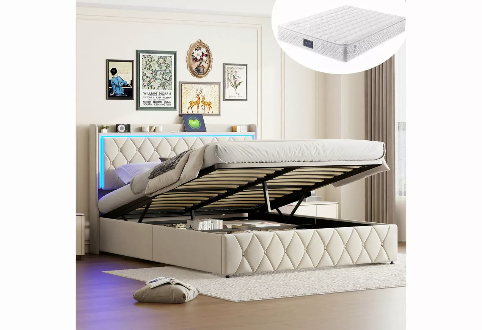 Romance Polsterbett Stauraumbett Doppelbett mit Licht und USB+TYPE-C (1-tlg günstig online kaufen