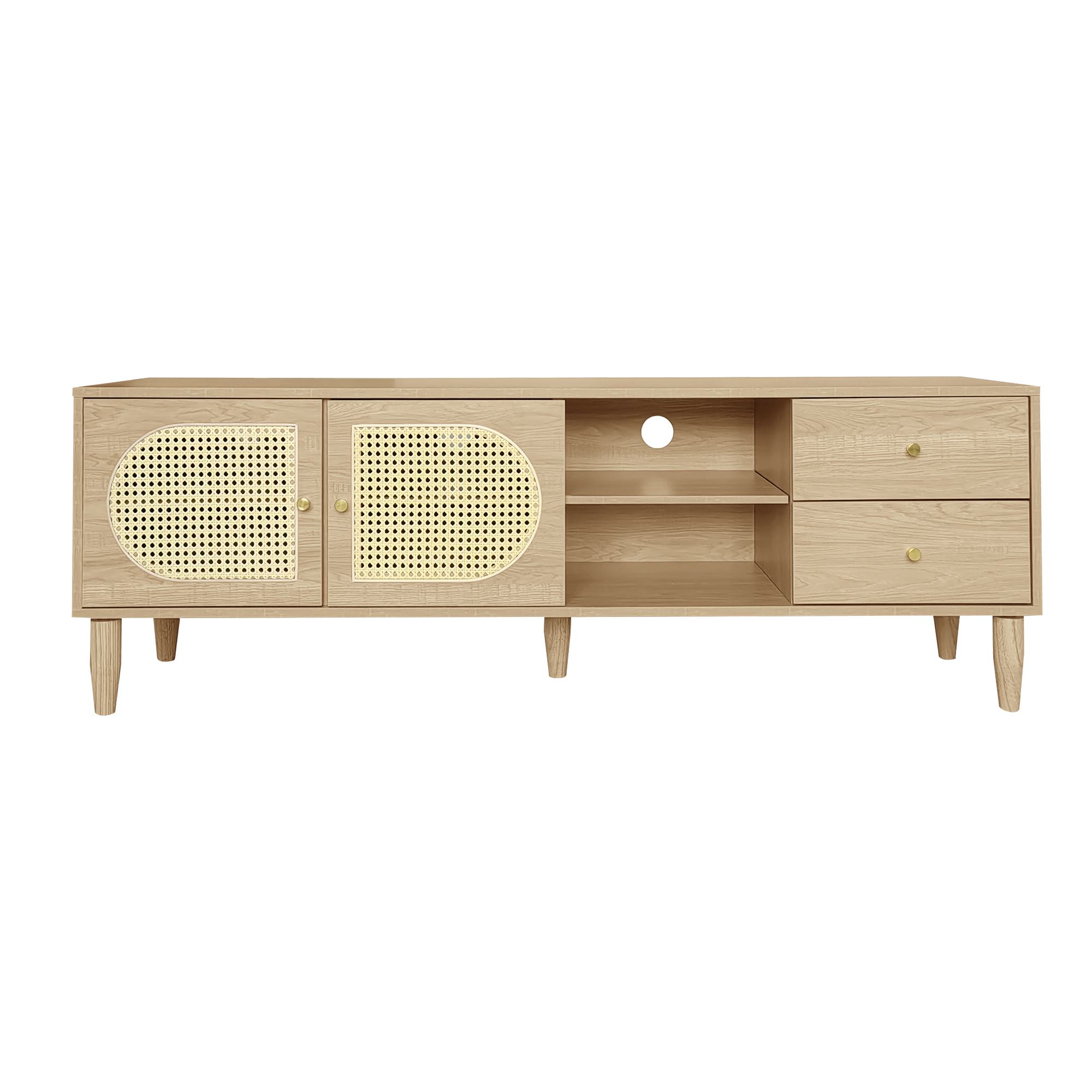 Rattan-TV-Schrank 150×40×50 cm, Mit 2 Rattantüren, 2 Schubladen, Höhenverst günstig online kaufen