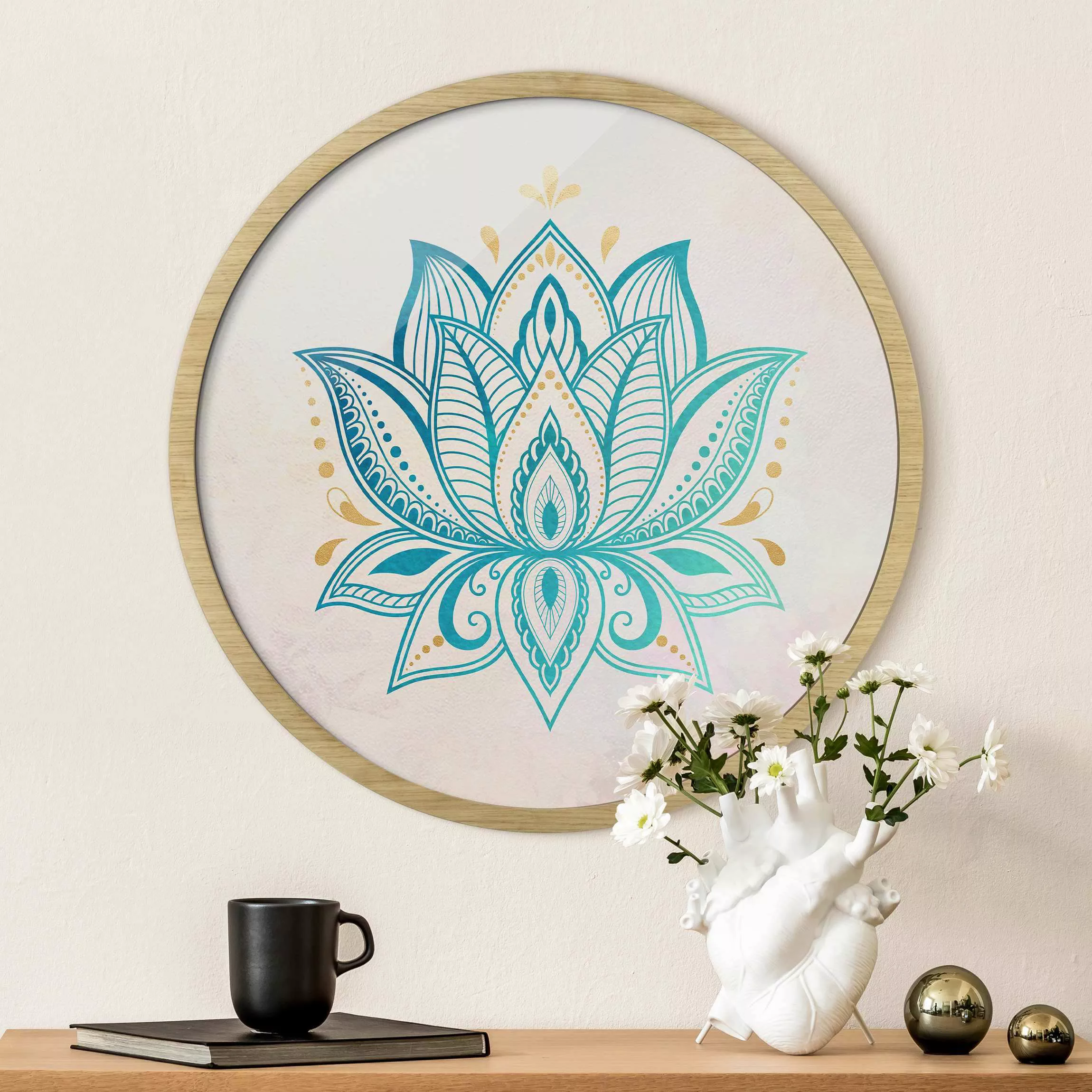 Rundes Gerahmtes Bild Lotus Illustration Mandala gold blau günstig online kaufen