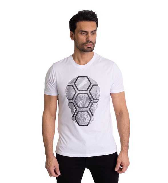 TRUENO T-Shirt Herren Strass Totenkopf T-Shirt Slim Fit Weiß L günstig online kaufen