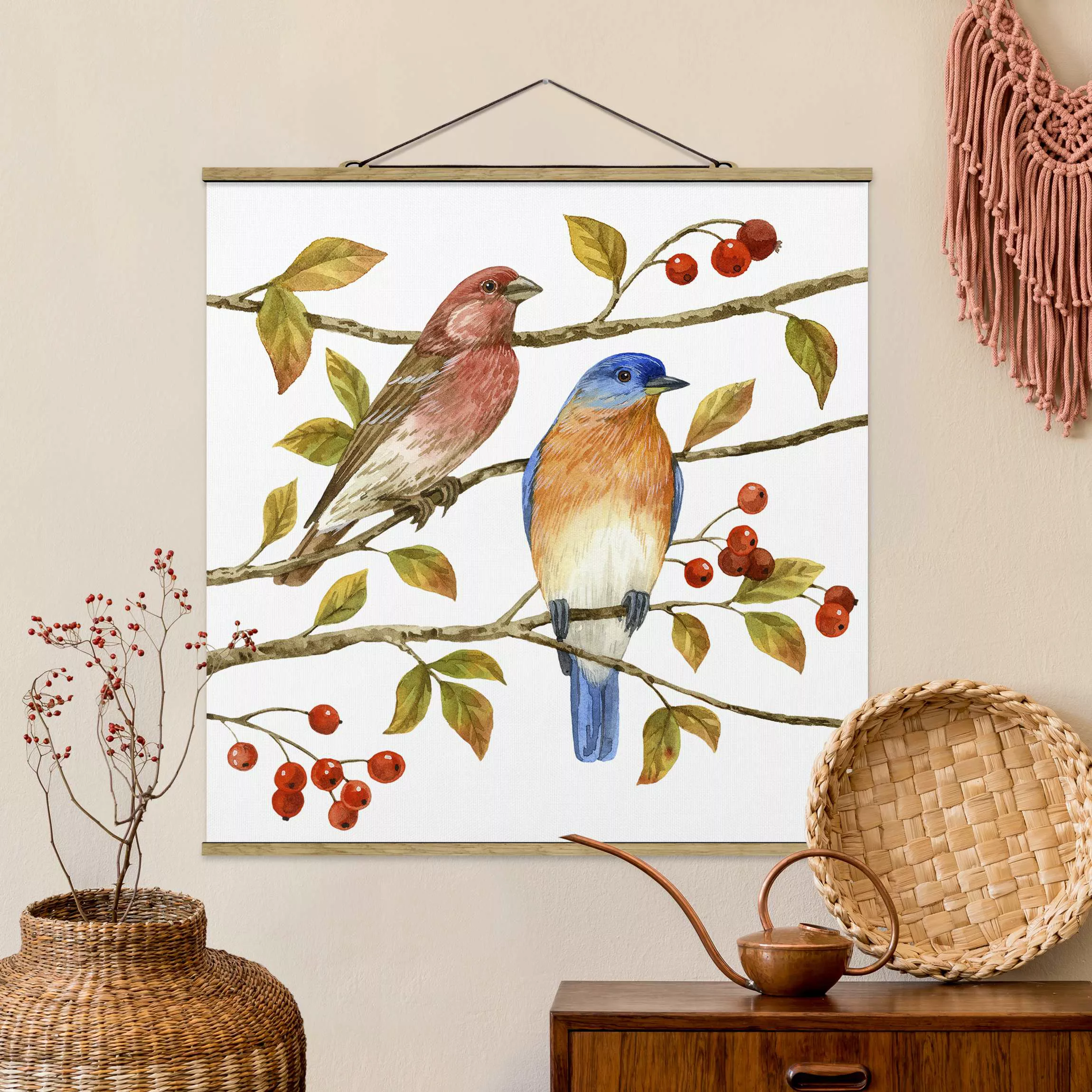 Stoffbild Tiere mit Posterleisten - Quadrat Vögel und Beeren - Hüttensänger günstig online kaufen