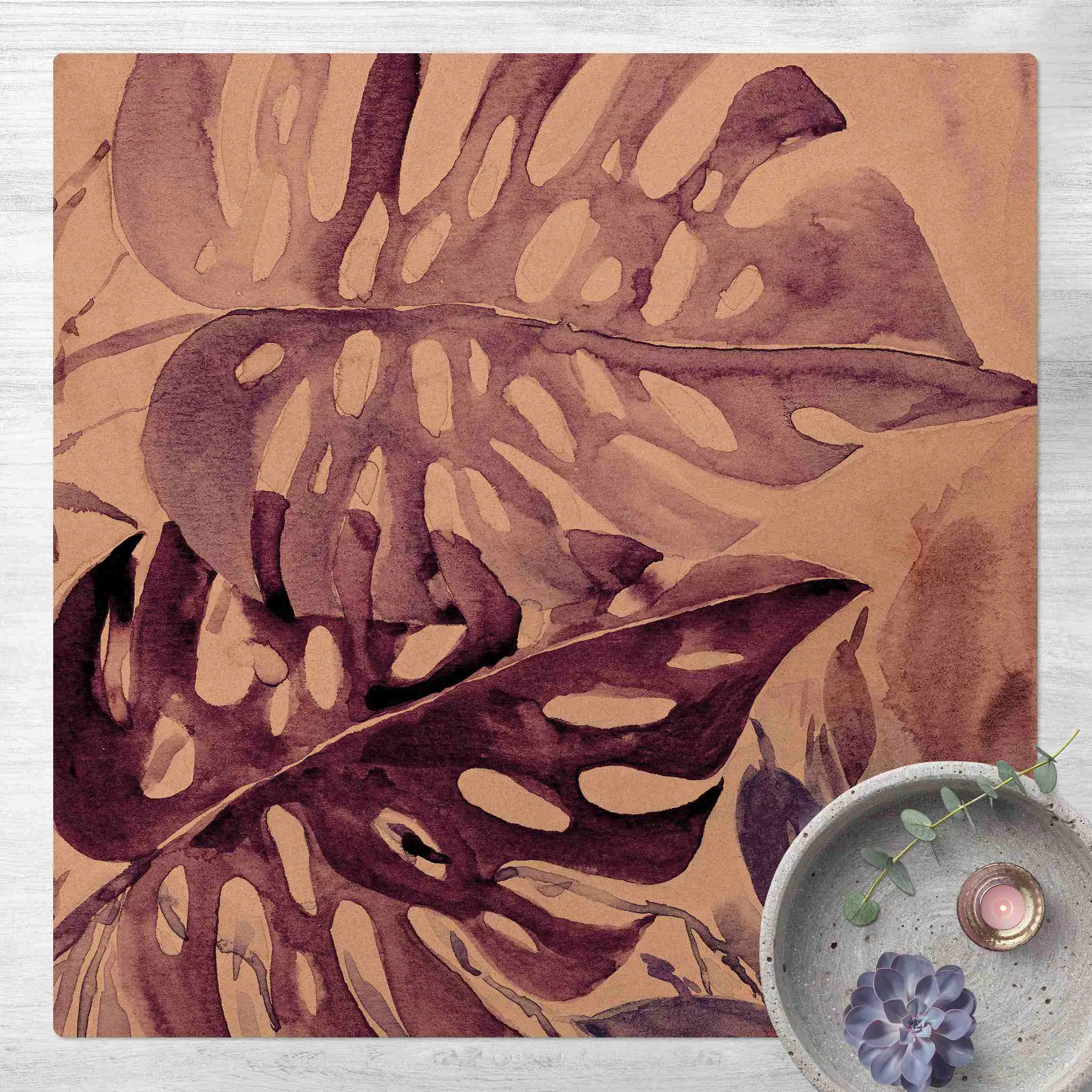 Kork-Teppich Aquarell Tropische Blätter mit Monstera in Aubergine günstig online kaufen