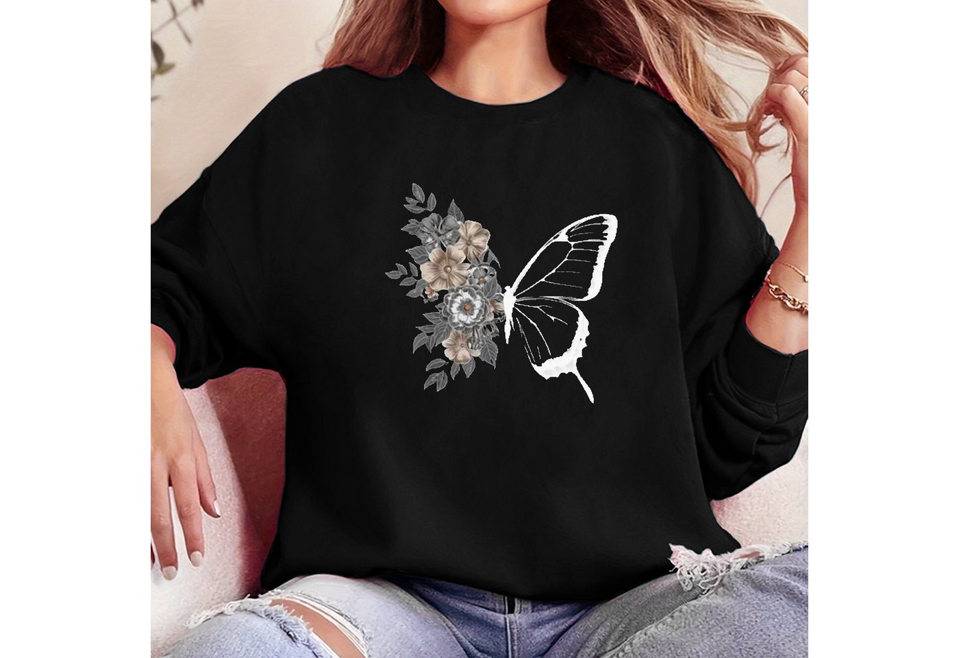 PYL Print-Shirt Damen Casual Sweatshirts mit Schmetterling Druck,Langarm Pu günstig online kaufen