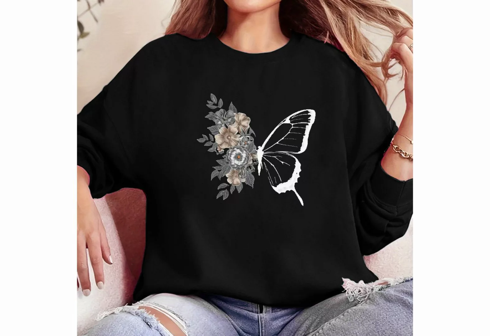 PYL Print-Shirt Damen Casual Sweatshirts mit Schmetterling Druck,Langarm Pu günstig online kaufen