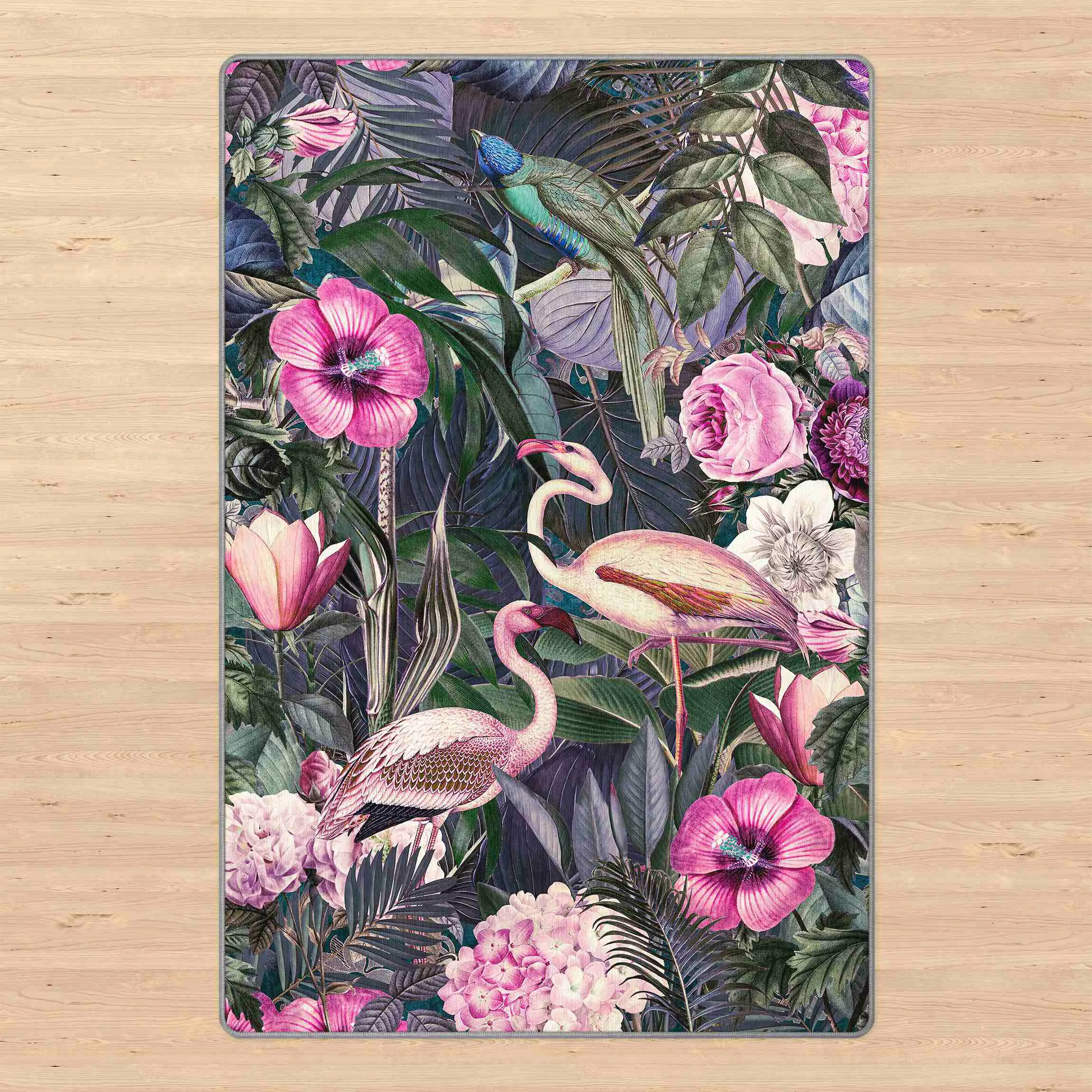 Teppich Bunte Collage - Pinke Flamingos im Dschungel günstig online kaufen