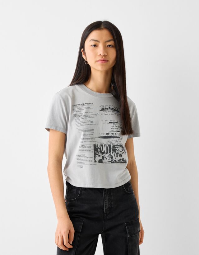 Bershka T-Shirt Im Washed-Look Mit Print Damen Xs Grau günstig online kaufen