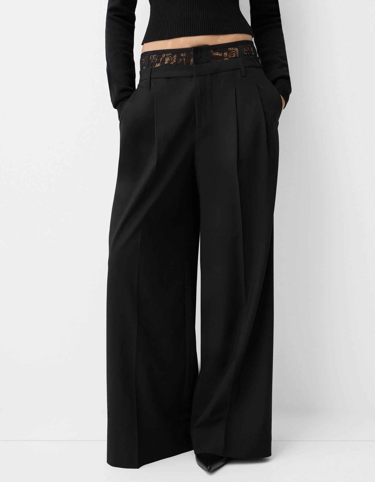 Bershka Wide-Leg-Hose Im Tailoring-Fit Mit Spitze Damen 44 Schwarz günstig online kaufen