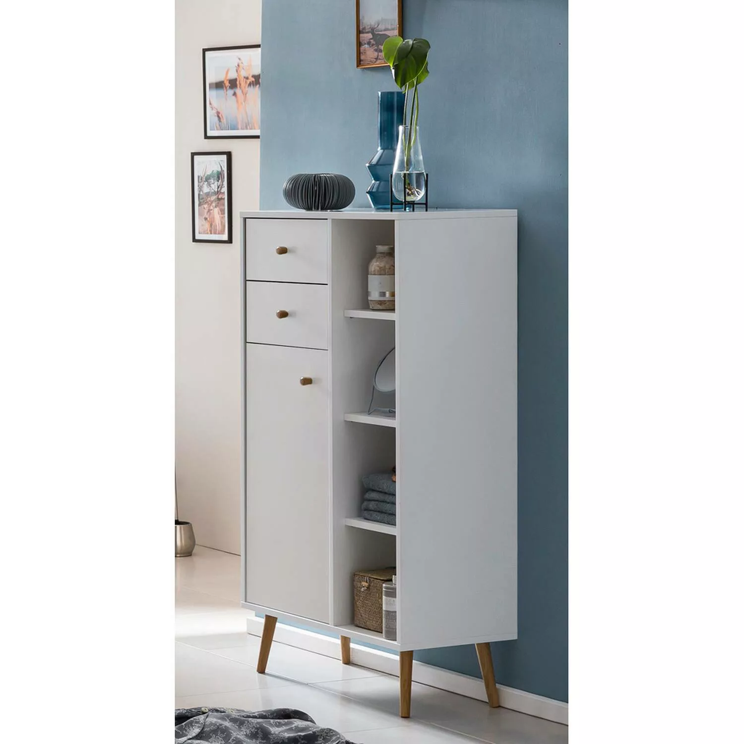 Lomadox Hochschrank JASLO-80 Badzimmer Highboard Badschrank weiß, Füße Eich günstig online kaufen