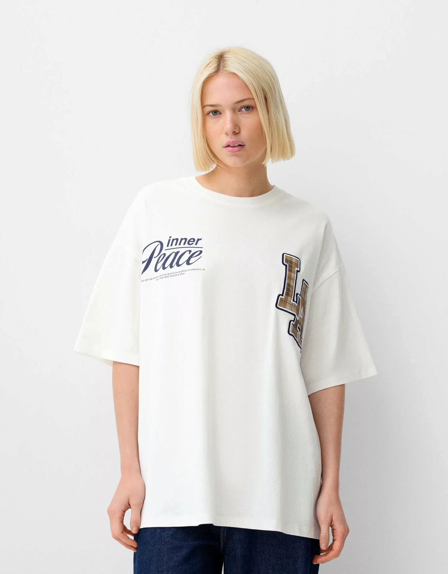 Bershka Oversize-T-Shirt Mit Print Damen L Grbrochenes Weiss günstig online kaufen