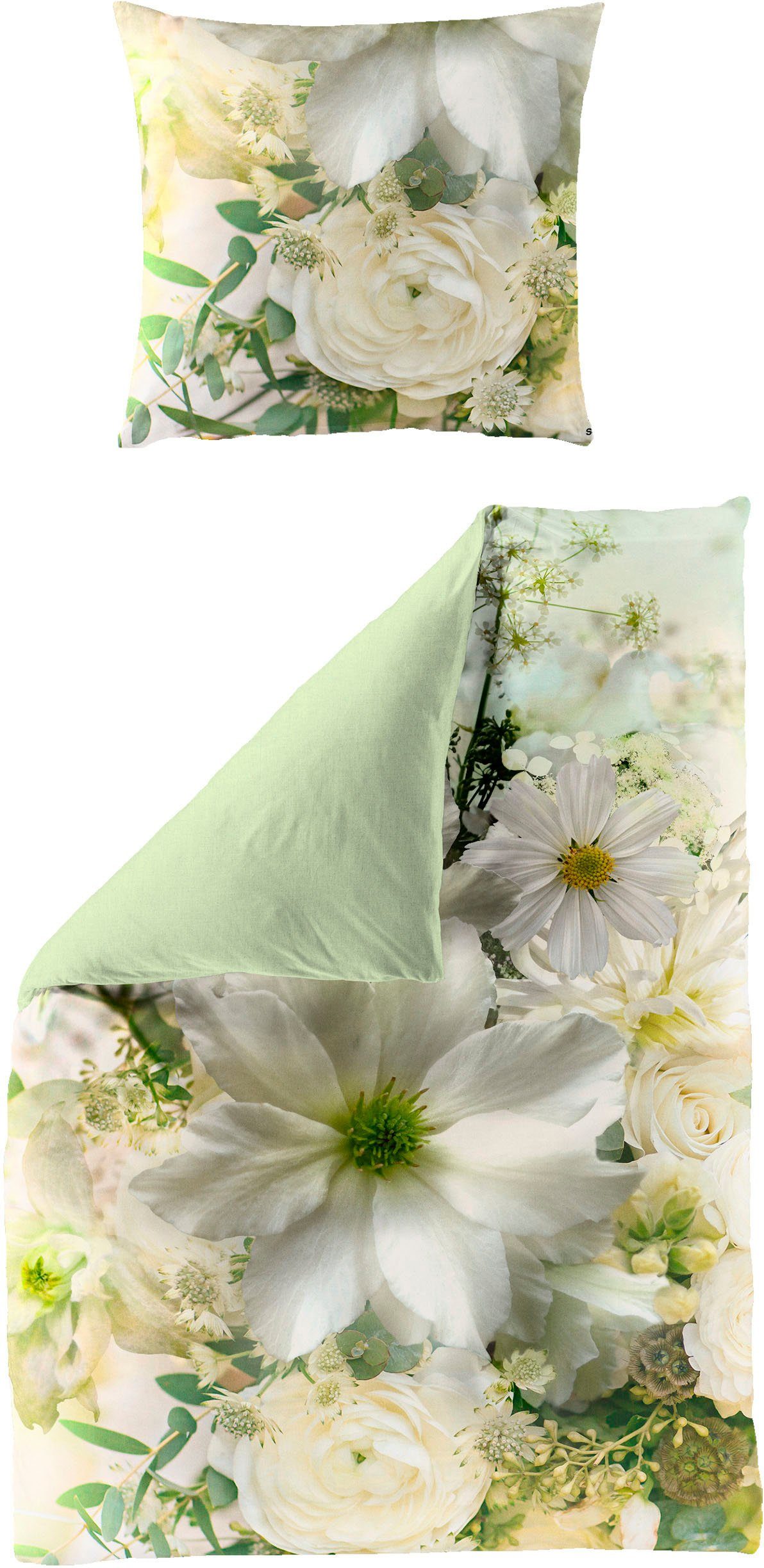 BIERBAUM Wendebettwäsche »Green Flower«, Mako-Satin, 100 % Baumwolle, mit f günstig online kaufen