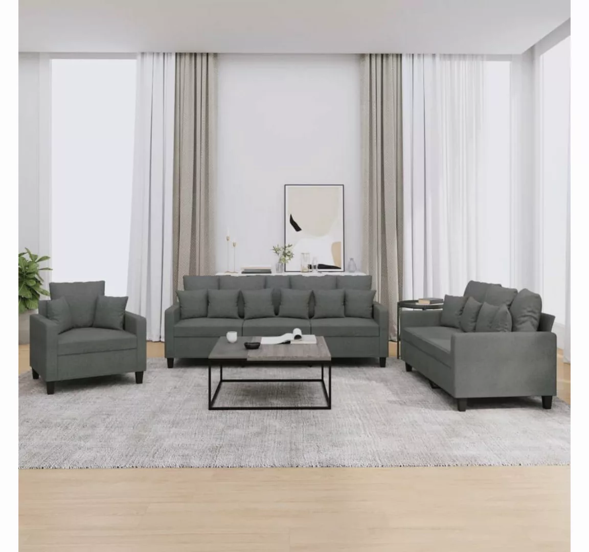 vidaXL Sofa Sofagarnitur Set mit Kissen Stoff, 3-tlg., Dunkelgrau günstig online kaufen