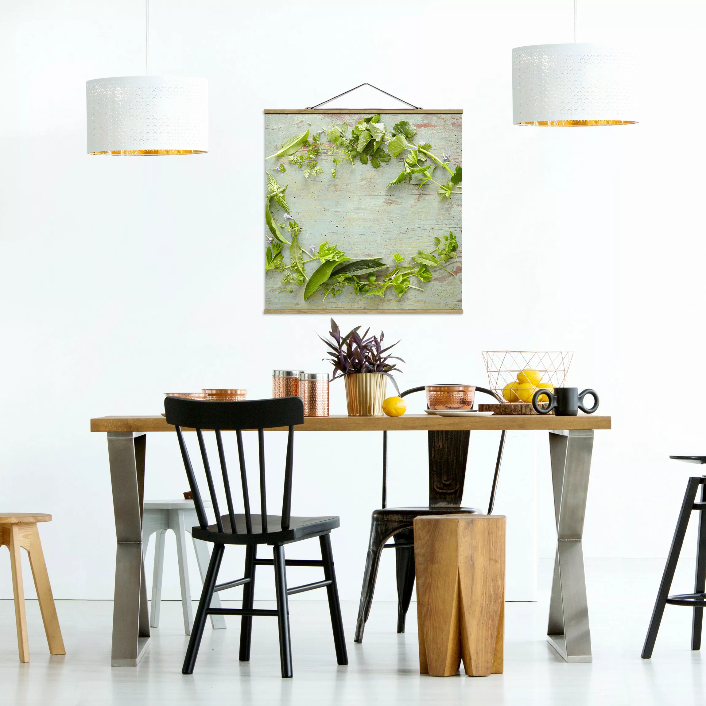 Stoffbild Küche mit Posterleisten - Quadrat Wildkräuter auf Holz günstig online kaufen