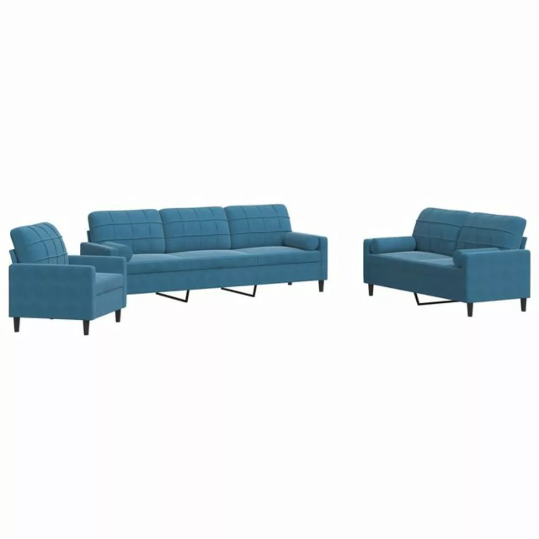 vidaXL Sofa, 3-tlg. Sofagarnitur mit Kissen und Nackenrollen Blau Samt günstig online kaufen