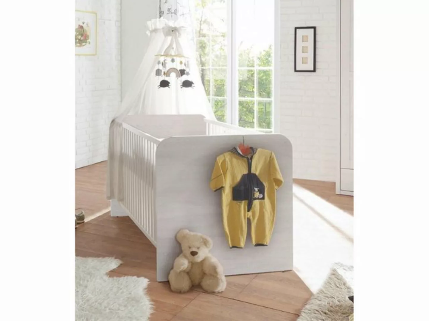 möbelando Babybett Lebbie, Modernes Babybett aus Spanplatte in Pinie Weiß N günstig online kaufen