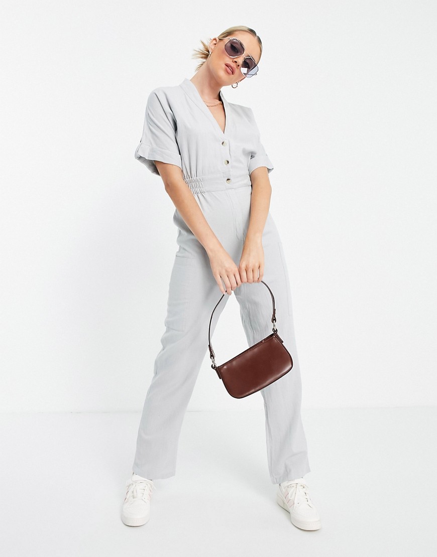 Topshop – Lässiger, leichter Jumpsuit mit Knopfverschluss-Blau günstig online kaufen