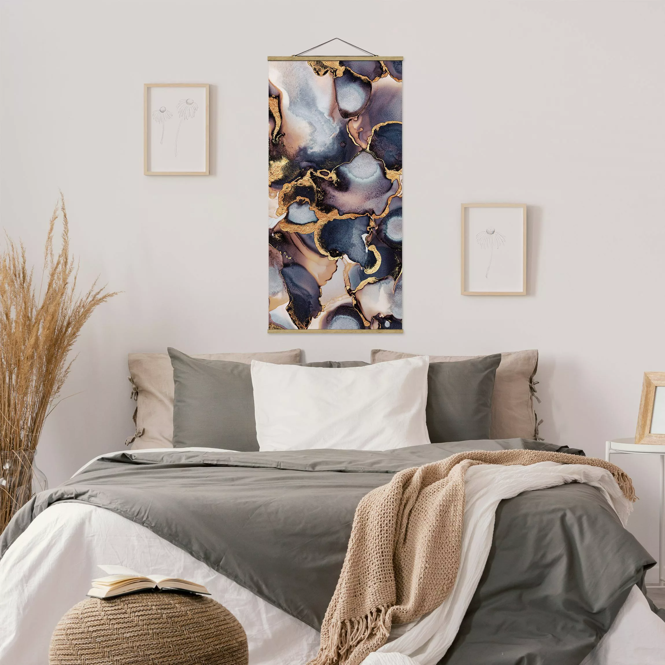 Stoffbild Abstrakt mit Posterleisten - Hochformat Marmor Aquarell mit Gold günstig online kaufen
