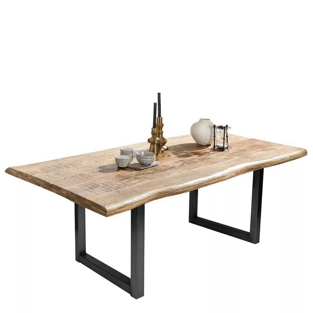 Factory Style Tisch mit Baumkante Tischplatte Bügelgestell schwarz günstig online kaufen