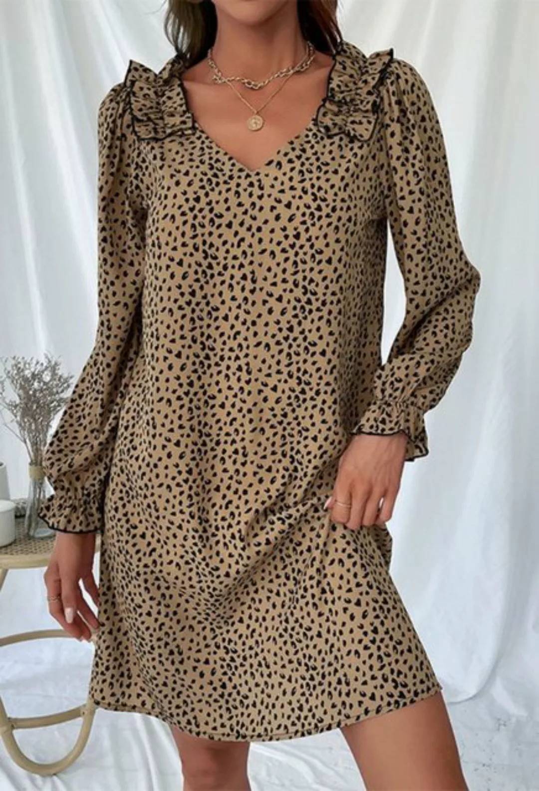 CHENIN Druckkleid Langärmliges, lockeres Kleid mit Leopardenmuster (Bequeme günstig online kaufen