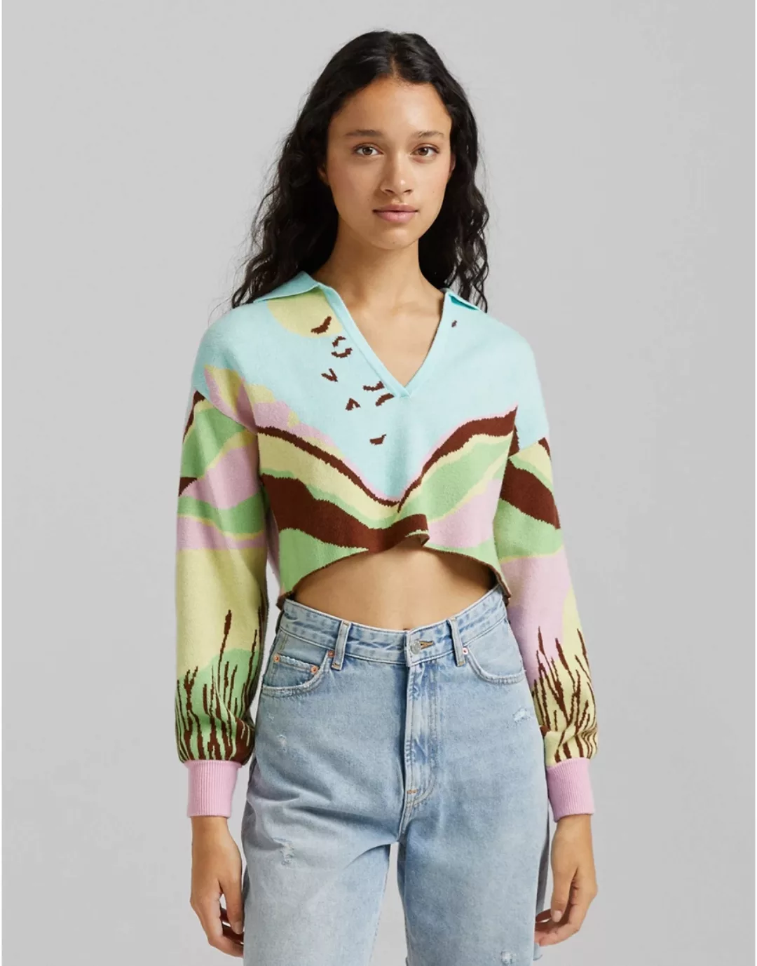 Bershka – Pullover mit Kragendetail und buntem Retro-Grafikmuster-Mehrfarbi günstig online kaufen