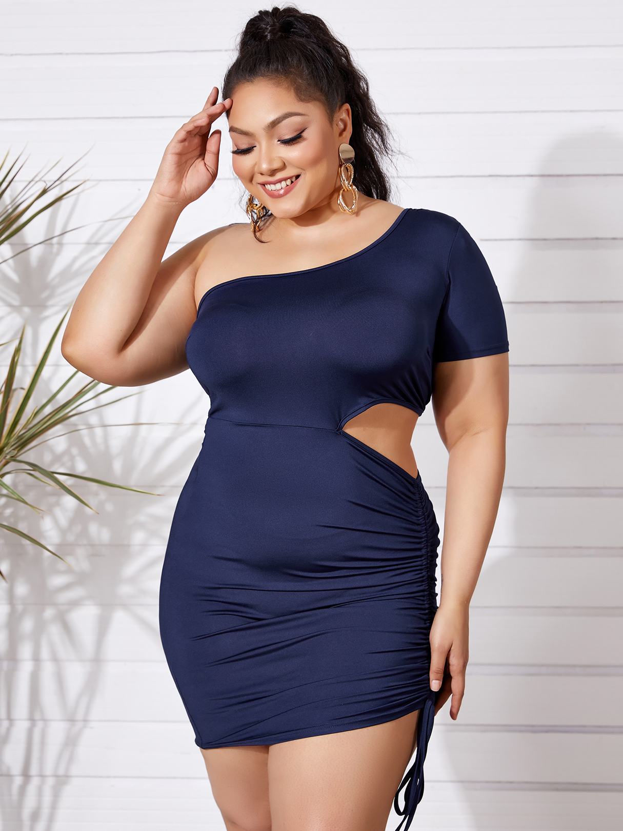 YOINS Plus Größe One Schulter-Kordelzug Cut Out Mini Kleid günstig online kaufen