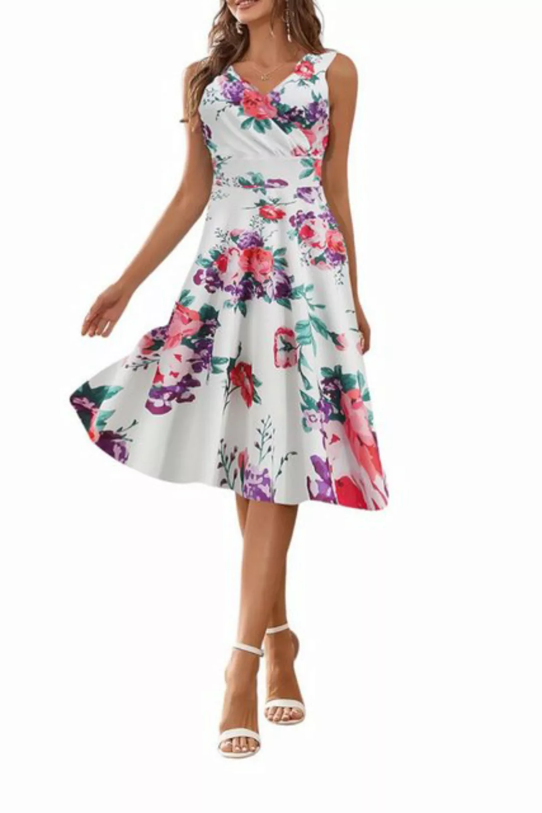 ENIX Abendkleid V-Ausschnitt hohe Taille Ärmelloses Gemustertes Kleid Druck günstig online kaufen