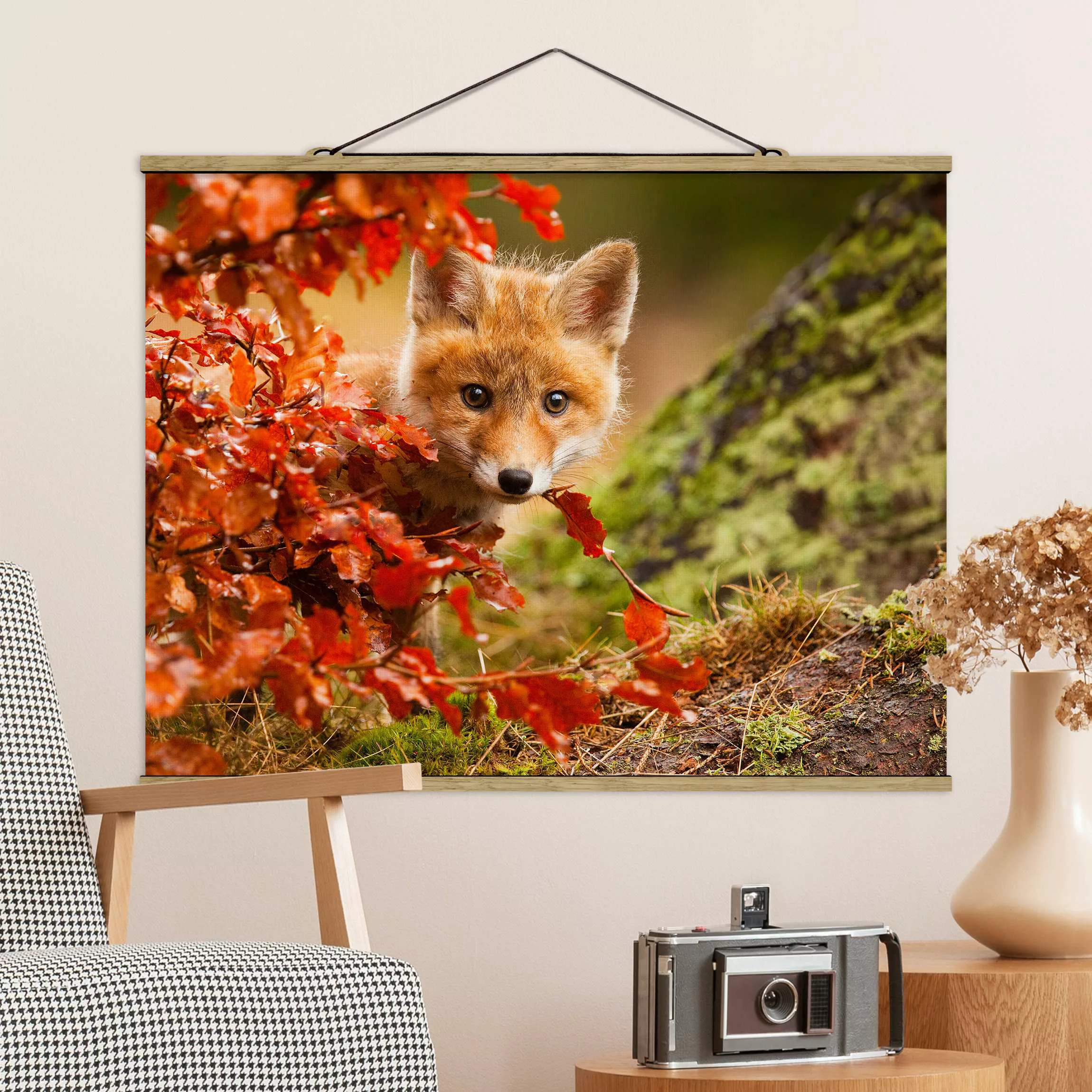 Stoffbild Tiere mit Posterleisten - Querformat Fuchs im Herbst günstig online kaufen