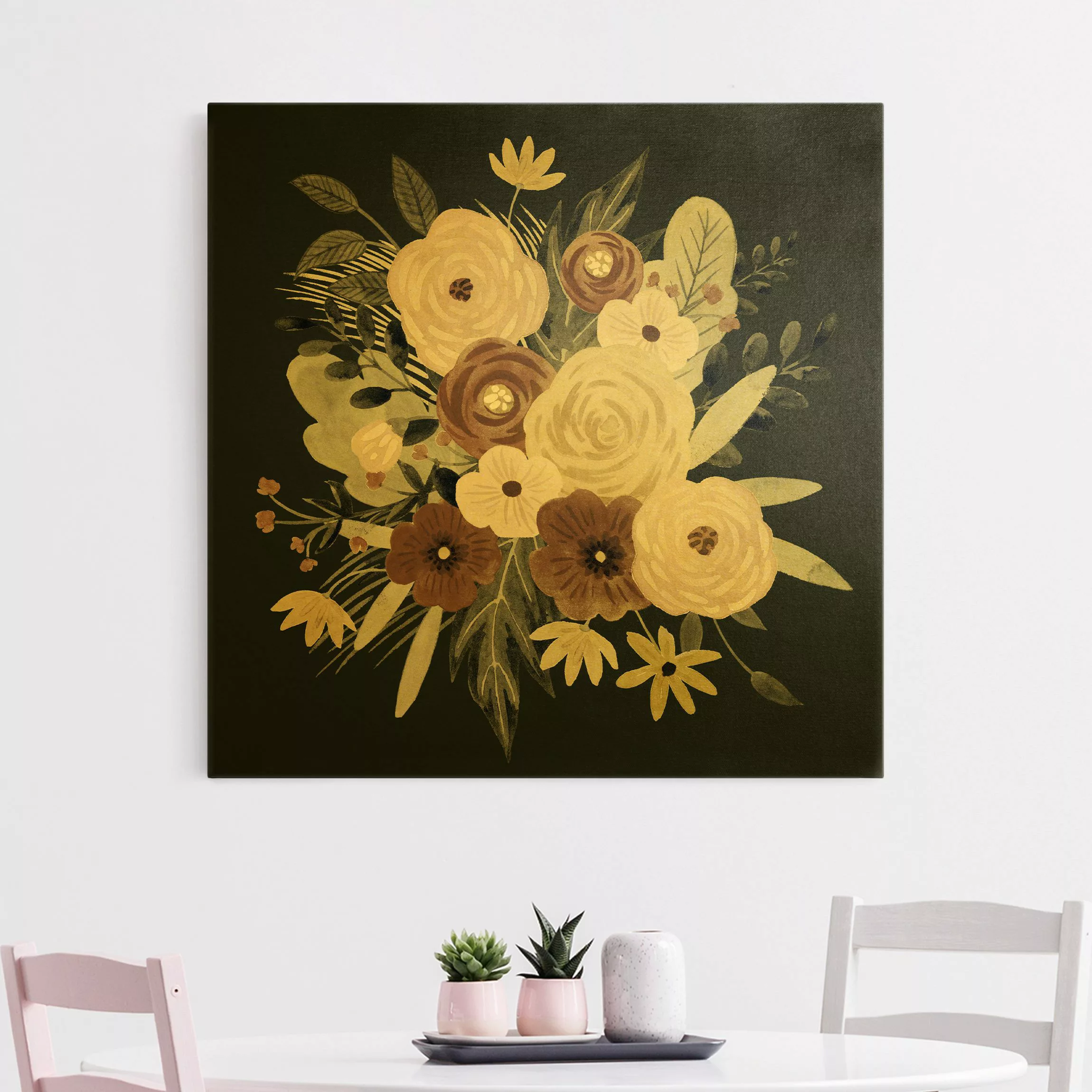 Leinwandbild Gold Pastell Blumenbouquet vor Grün II günstig online kaufen