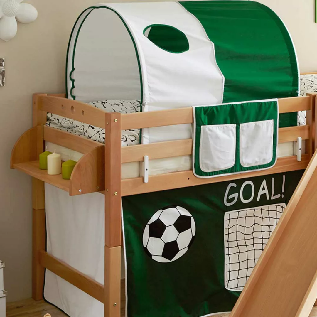 Fußball Spielbett mit Rutsche Tunnel in Weiß und Dunkelgrün günstig online kaufen
