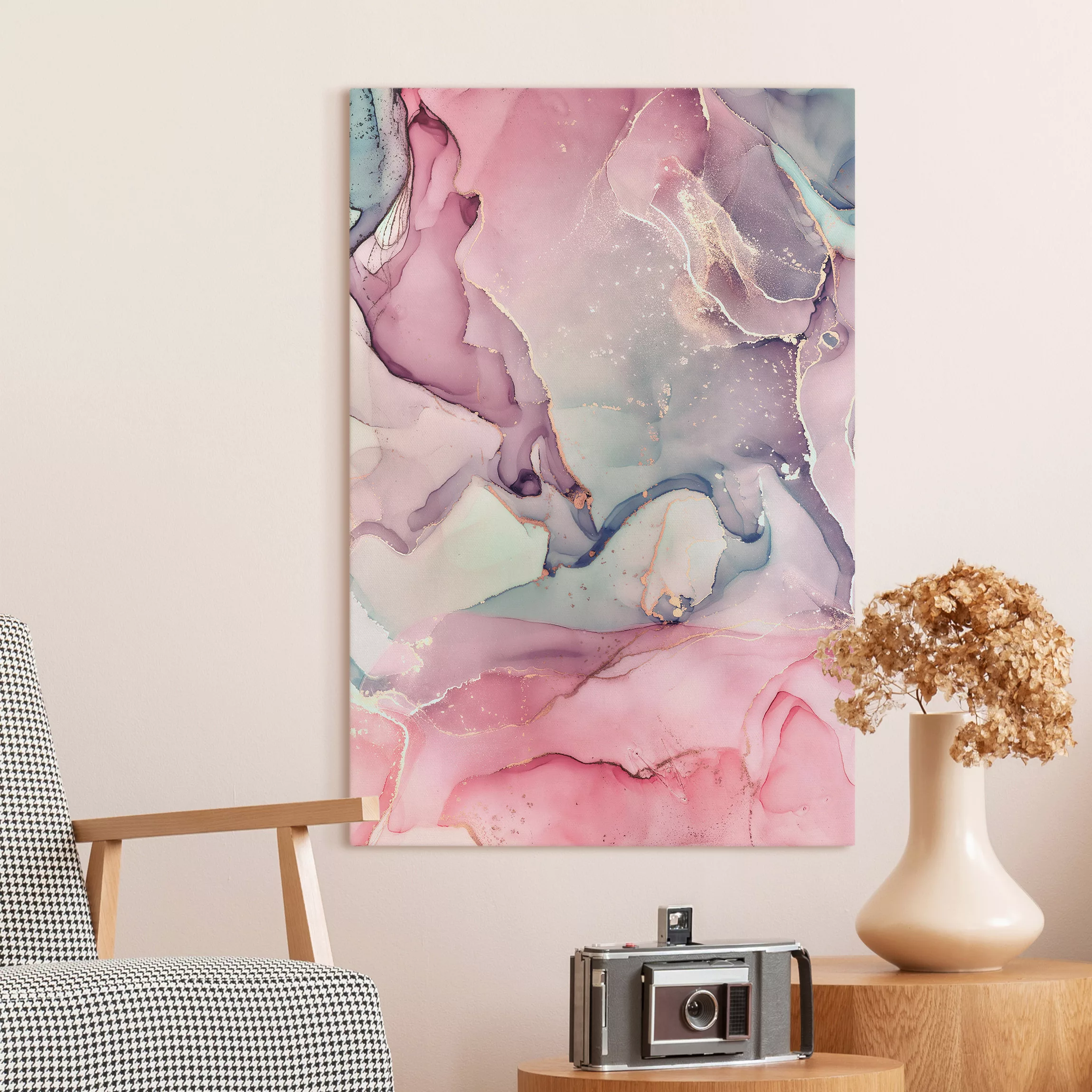 Leinwandbild Aquarell Pastell Rosa mit Gold günstig online kaufen