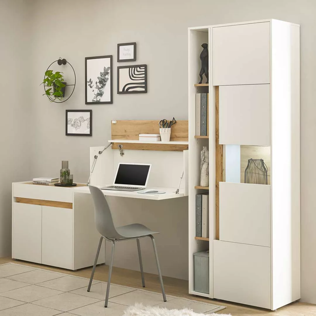 Büromöbel Set mit Hängesekretär in Weiß Wildeichefarben (vierteilig) günstig online kaufen