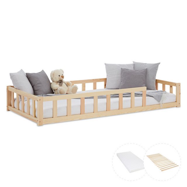 Homestyle4u Kinderbett 90x200 / 120x200 Weiß Natur Holzbett Bodenbett Monte günstig online kaufen