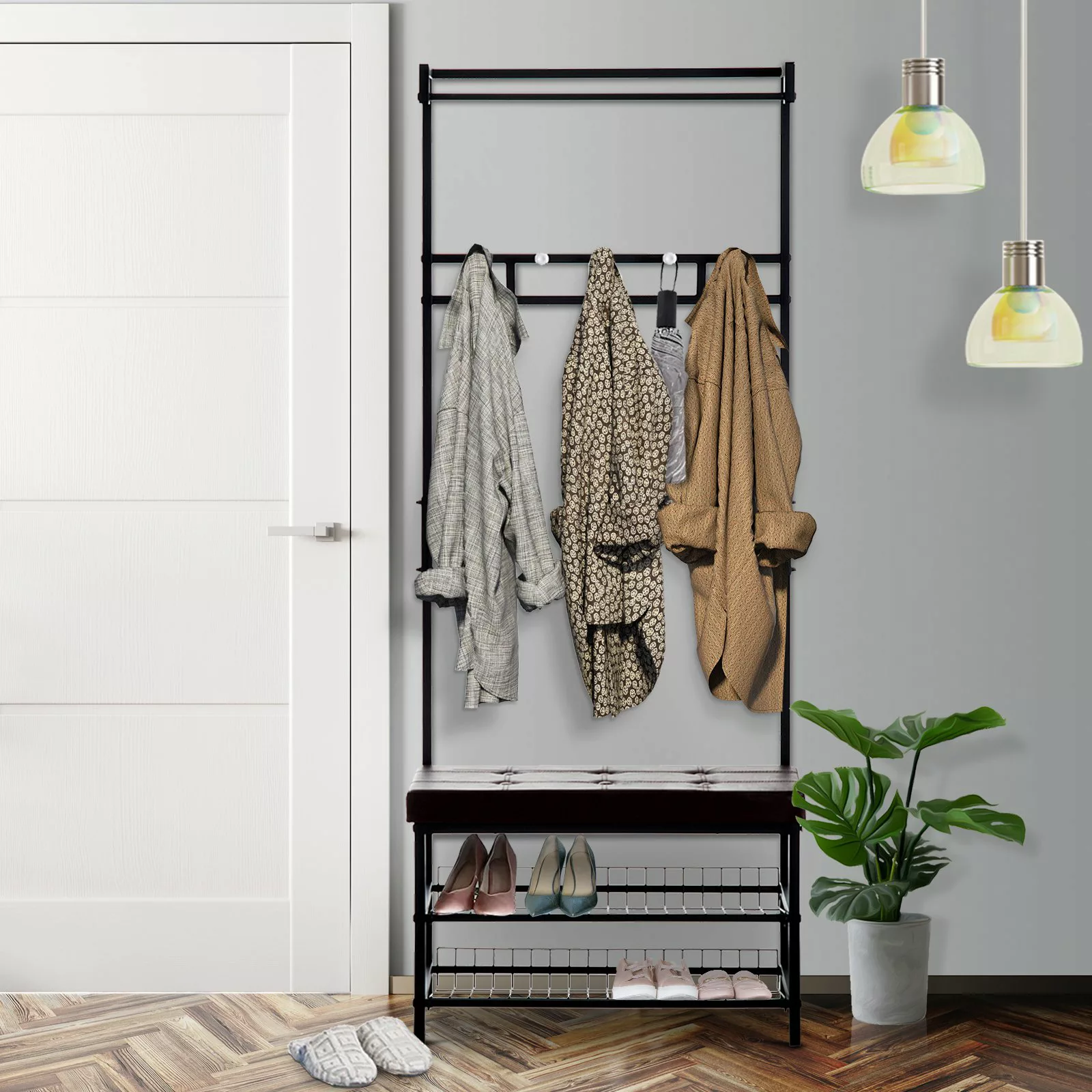 HOMCOM Garderobenständer mit Bank  Kleiderständer & Schuhregal, Metall, 2 S günstig online kaufen