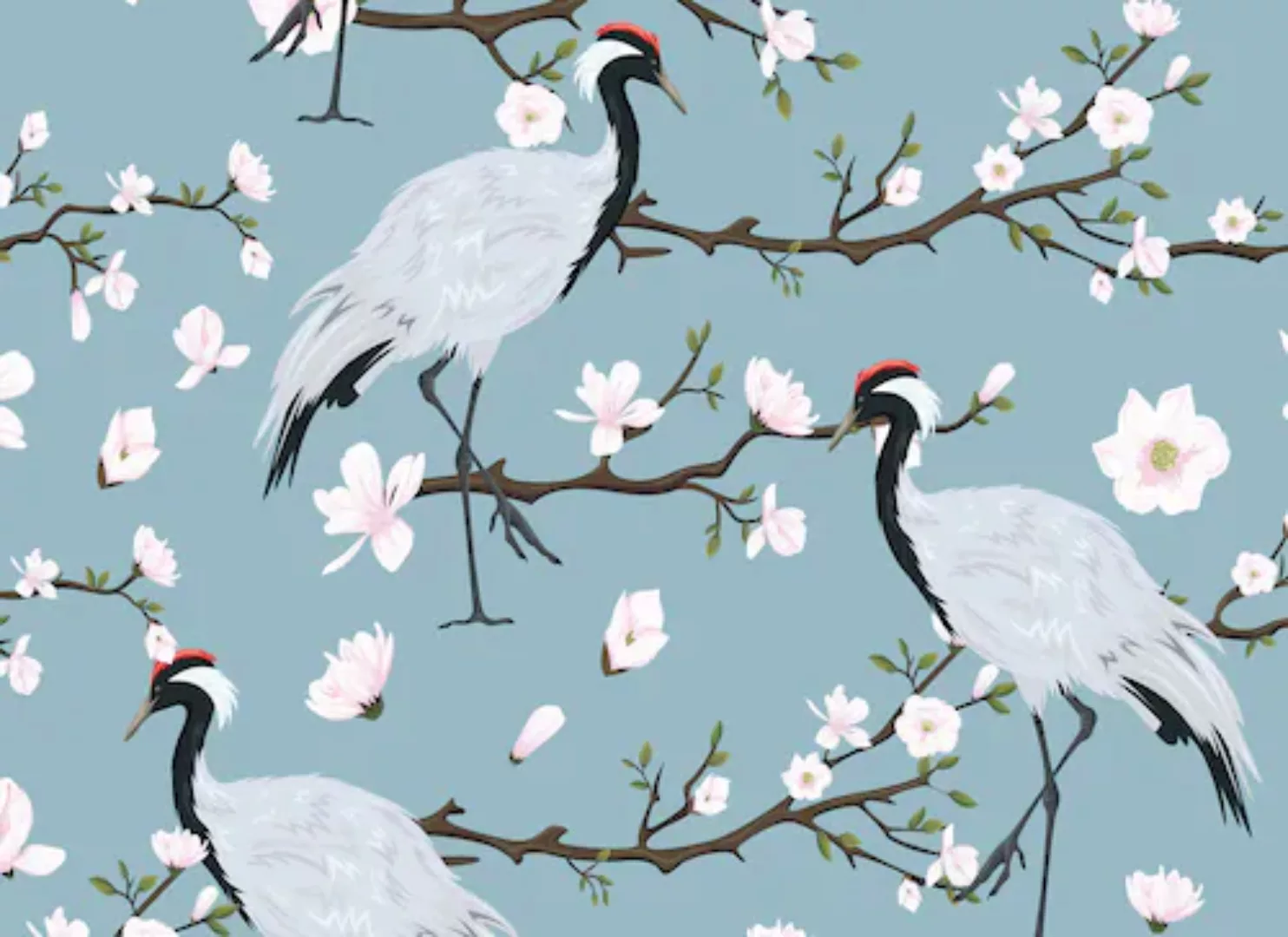 Fototapete Blumen Vögel Japan Kranich Weiß Blau 3,50 m x 2,55 m FSC® günstig online kaufen