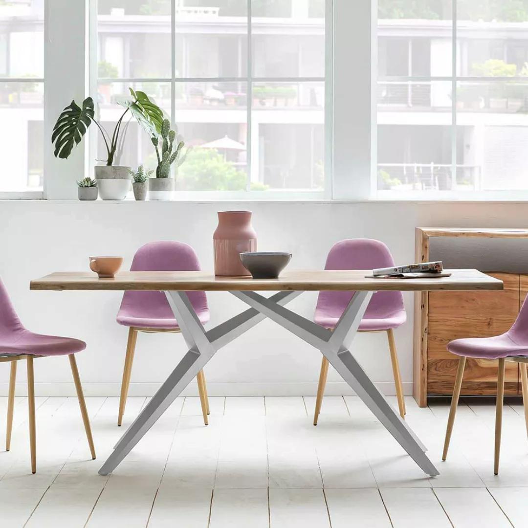 Tisch Esszimmer aus Wildeiche Massivholz und Metall Vierfußgestell günstig online kaufen