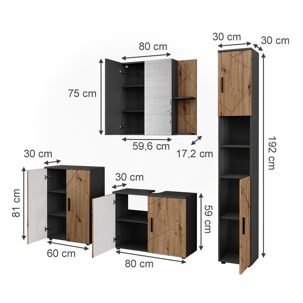 Vicco Badmöbel-Set Irma, Anthrazit/Artisan, 4 Teile, günstig online kaufen