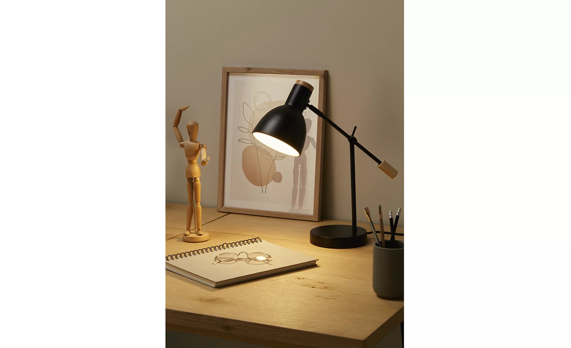 KHG Schreibtischleuchte, 1-flammig, schwarz mit Holz ¦ schwarz ¦ Maße (cm): günstig online kaufen