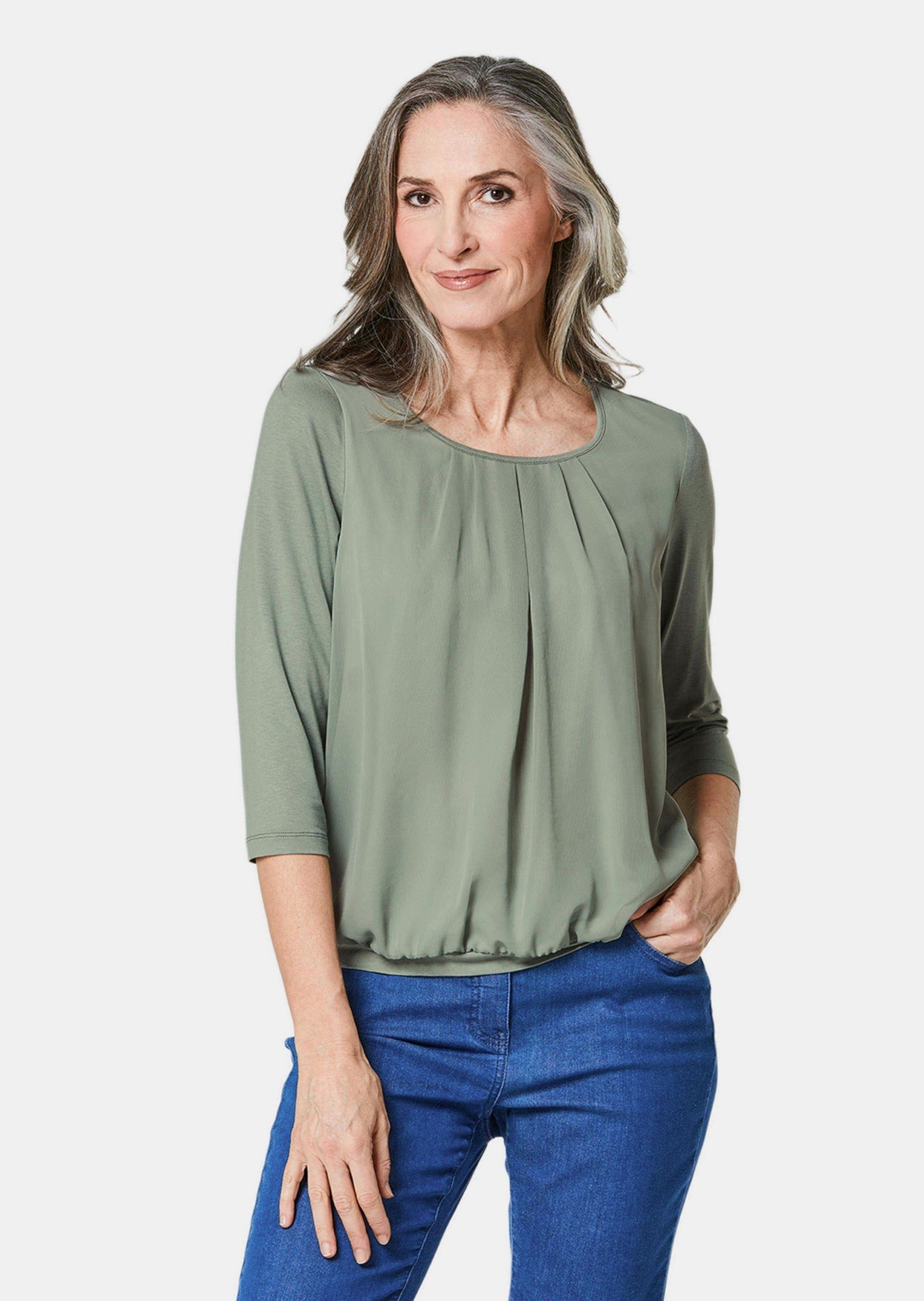 GOLDNER Kurzarmbluse Kurzgröße: Chiffon-Shirt gelb, Rundhals günstig online kaufen