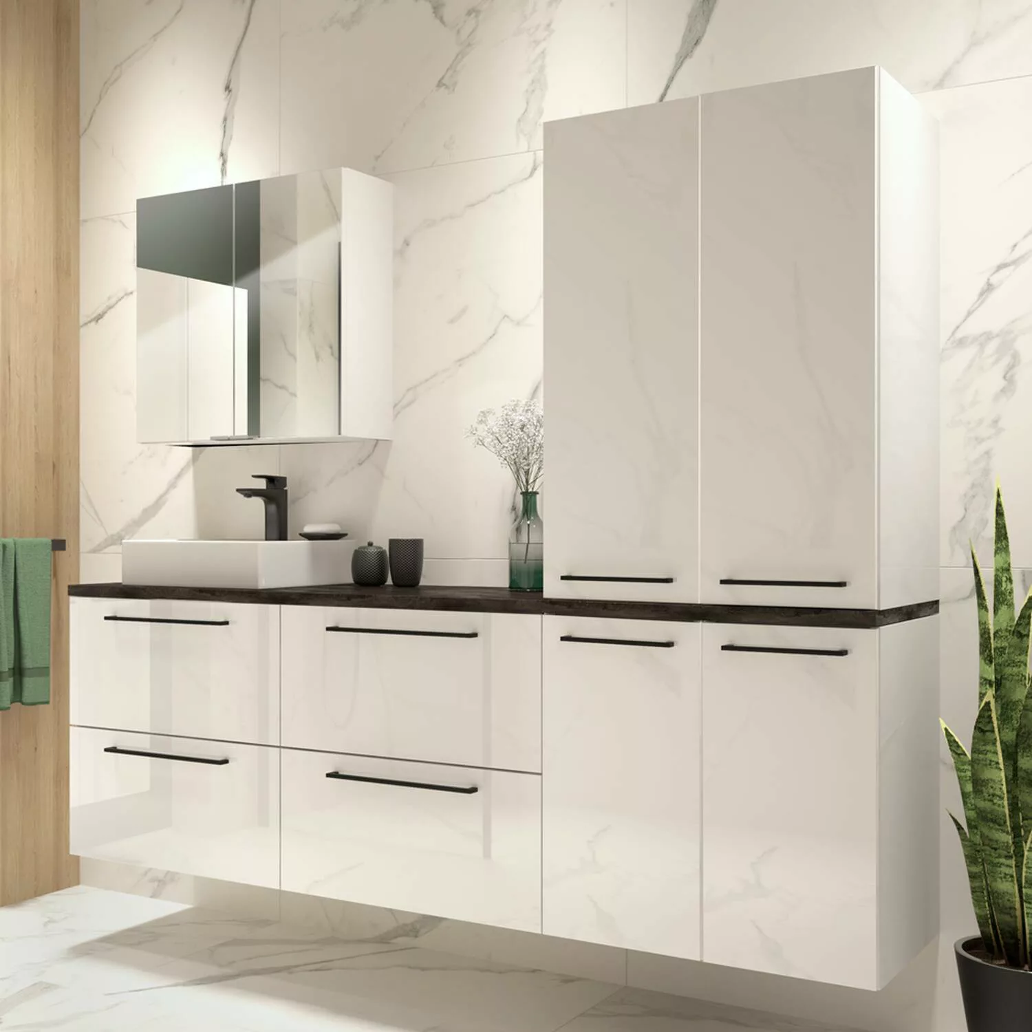 Badezimmer Möbel Set in weiß Hochglanz lackiert mit Metallgriffen in schwar günstig online kaufen